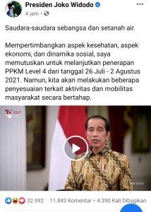 Unggahan Jokowi Terkait PPKM di Facebook, Dibanjiri Komentar Warganet Yang Keberatan, Ini Kata Mereka